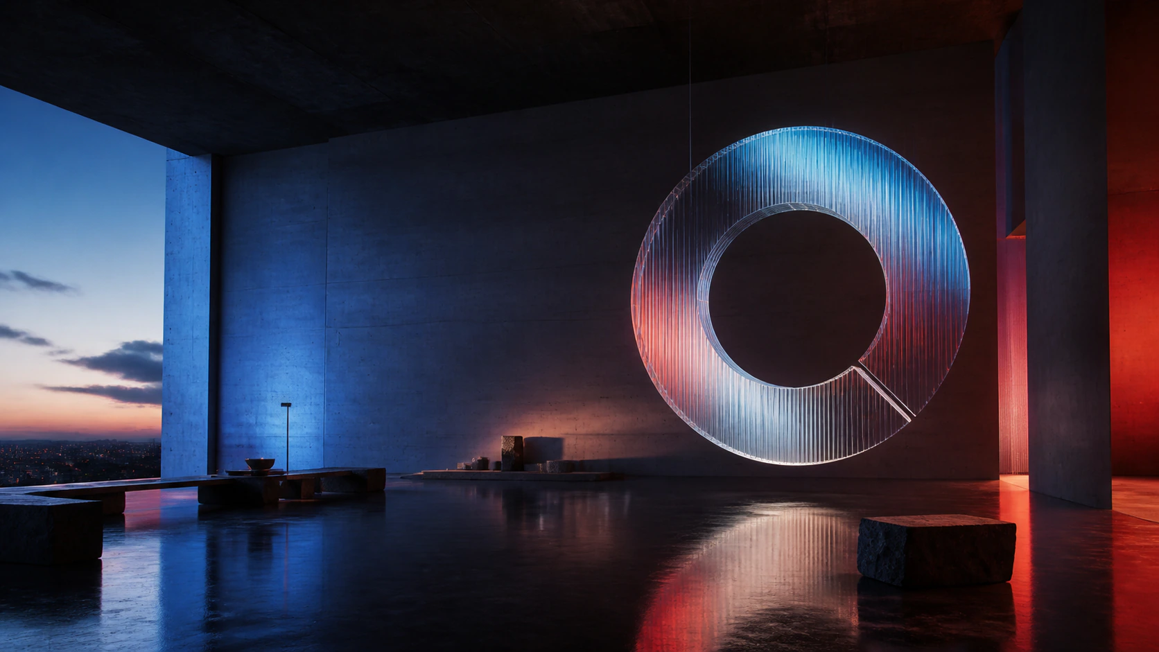 Installation lumineuse circulaire dans un espace architectural contemporain